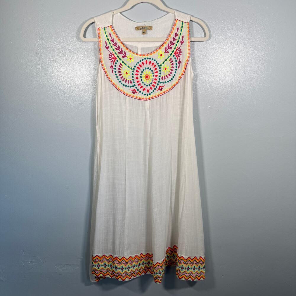 Global Desi Boho Neon Embroidered White Shift Dress XXL Made in India